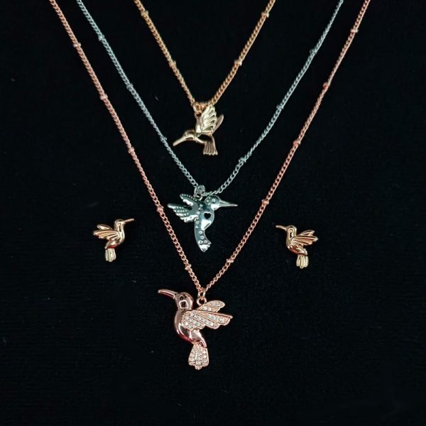 Juego de 3 dijes y aretes de colibrí 14K-1