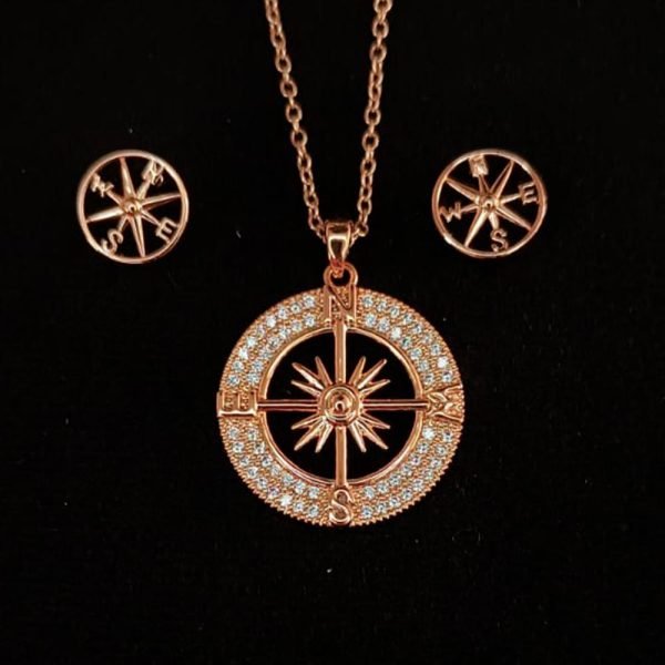 Dije y aretes rosa de los vientos con zirconia 14K-10