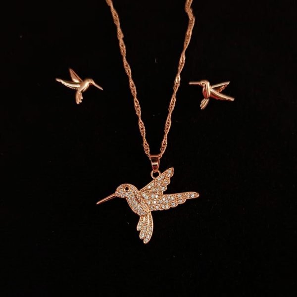 Dije y aretes colibrí zirconias blancas 14K-11