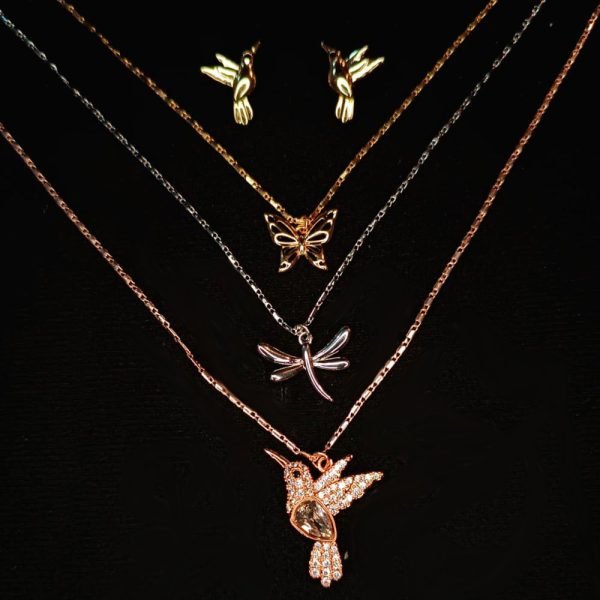 Dije y aretes de colibrí y libélula 3 oros 14K-13