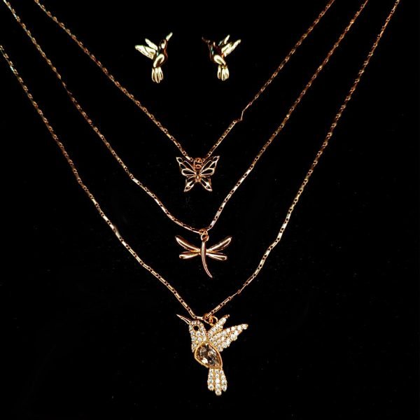 Dijes y aretes colibrí 3 dijes 14K-14