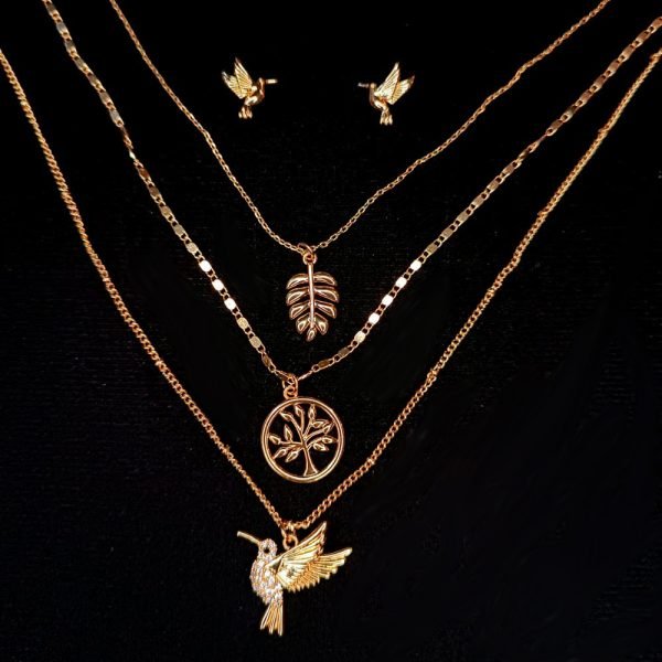 Dije y aretes colibrí y hojas 14K-18