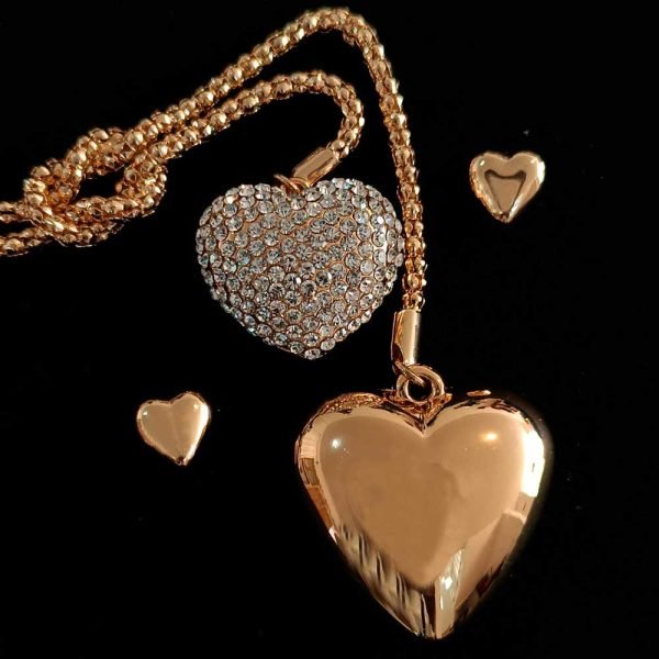 Dije y aretes corazones, largo 14K-24
