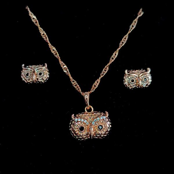 Dije y aretes búho con zirconias 14K-27