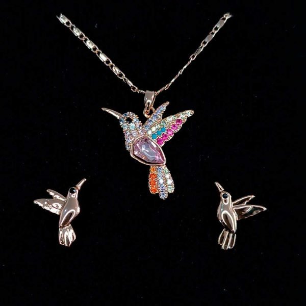 Dije y aretes colibrí zirconias de colores 14K-31